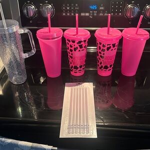Set of Pink and Leopard Print Tumblers with Straws